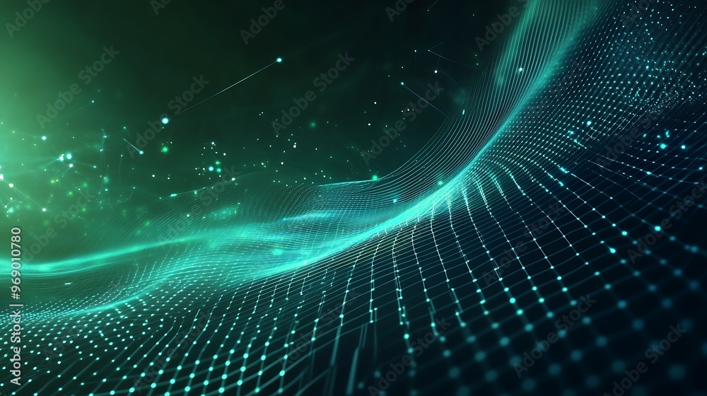 Poster dynamic abstract wave with glowing particles and digital patterns, creating a vibrant and futuristic