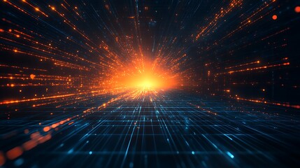 Naklejka premium Dynamic abstract digital background showcasing vibrant light trails and a glowing explosion, perfect for technology and space themes.