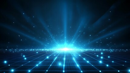 Naklejka premium Dynamic blue backdrop with radiant light beams and glowing grid, perfect for tech, futuristic, or digital themes.