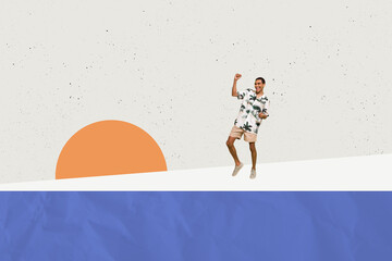 Composite photo collage of happy american man wear casual cloth dance summer ocean vacation relax concept isolated on painted background