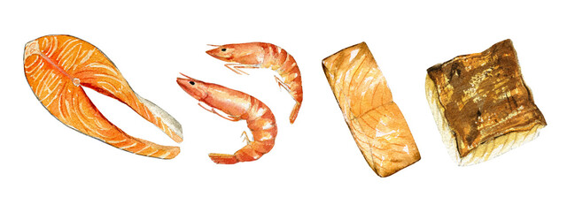 Watercolor illustration with sea fish. Salmon, shrimp, halibut.