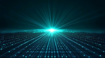 Dynamic digital landscape featuring glowing rays and grid patterns, symbolizing technology and innovation in a futuristic setting.