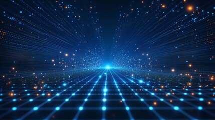 Obraz premium Dynamic digital landscape with luminous particles, beams of light, and a vibrant grid creating a futuristic atmosphere.