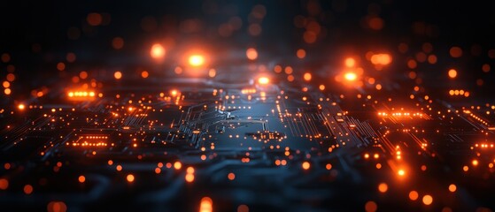 Fototapeta premium Abstract Circuit Board with Orange Glowing Lights