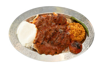 Top view traditional turkish meat and food service, kebab with sauce and yogurt, isolated on white background