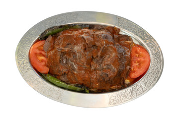 Top view traditional turkish meat and food service, doner with sauce, isolated on white background