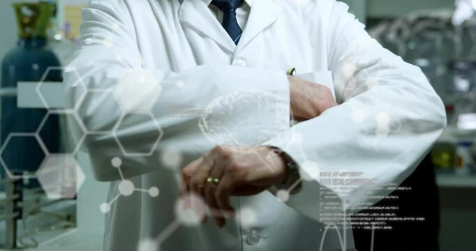 Animation of data processing over caucasian male scientist in lab