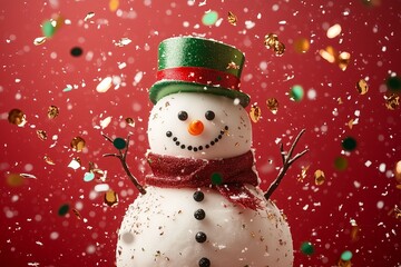 Festive snowman with green hat, red scarf, and confetti on a vibrant red background.