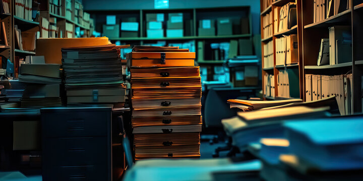 Shadows of the Past: A dimly lit office, overtaken by stacks of yellowing case files and dusty archival boxes.