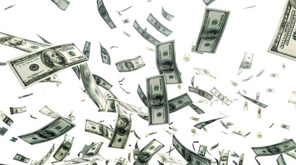 Detailed hundred-dollar bills flying in the air with realistic texture on a pure white background.