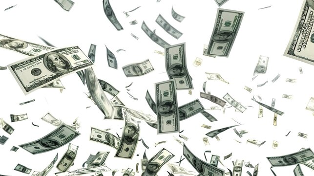Detailed hundred-dollar bills flying in the air with realistic texture on a pure white background.