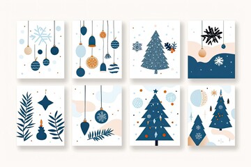Merry Christmas modern set of cards elements greeting text lettering blue background