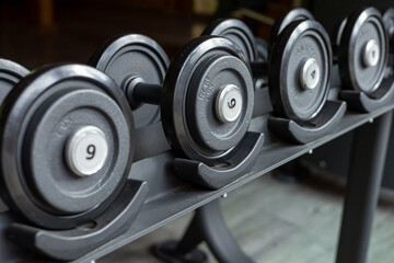 beautiful new black dumbbells lie on the rack in the gym,