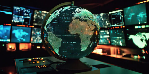 FBI's Eyes on the World: A globe-shaped monitor showing real-time feeds from surveillance cameras worldwide.