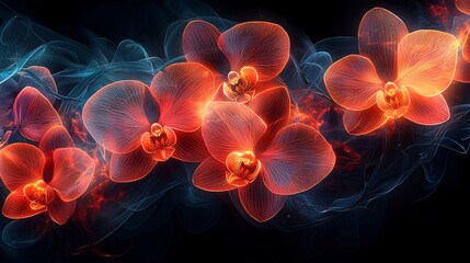 Semiabstract design of glowing neon orchids entwined with vines their petals dissolving into vibrant flowing colors symbolizing elegance and exotic beauty