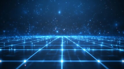 Futuristic blue grid with glowing stars, creating a digital cosmic landscape perfect for technology and sci-fi themes.