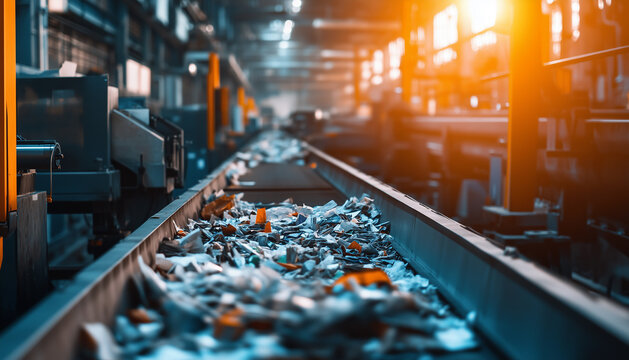 A production line at a recycling plant where a number of conveyors moving different materials such as paper, plastic and glass