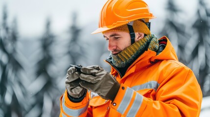 A worker in an orange safety jacket and helmet uses a device in a snowy forest setting.
