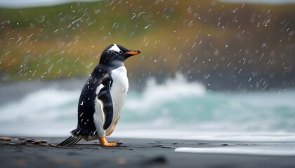 Gentoo penguin standing proudly on a windswept sandy shore