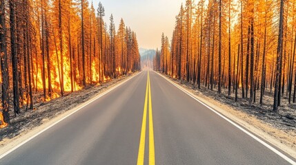 Fototapeta premium Road Through a Fire-Damaged Forest.