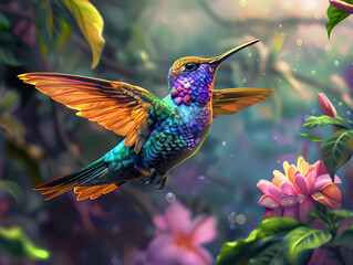 Fototapeta premium Beautiful bright colorful hummingbird in flight. Neural network AI generated art
