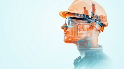 A thoughtful engineer wearing a hard hat and protective glasses, showcasing a blend of technology and industry.