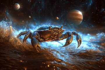 Fototapeta premium Colossal sci fi crab creature in cosmic ocean landscape