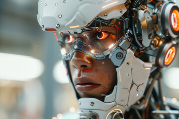 Fototapeta premium Robot cyborg humanoid helper in activities of daily life routine living with people, Generative AI