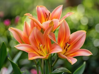 Obraz premium A close-up of vibrant orange lilies with yellow accents, set against a softly blurred green background.