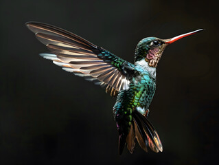 Obraz premium Beautiful bright colorful hummingbird in flight. Neural network AI generated art