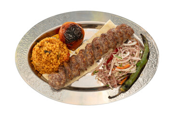 Top view traditional turkish meat and food service, classic and traditional turkish kebab. adana urfa kebab. isolated on white background