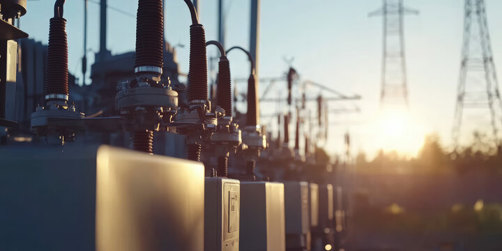 Electrical power outdoor substation. Close-up of switchgear and transmission towers, energy infrastructure and power background