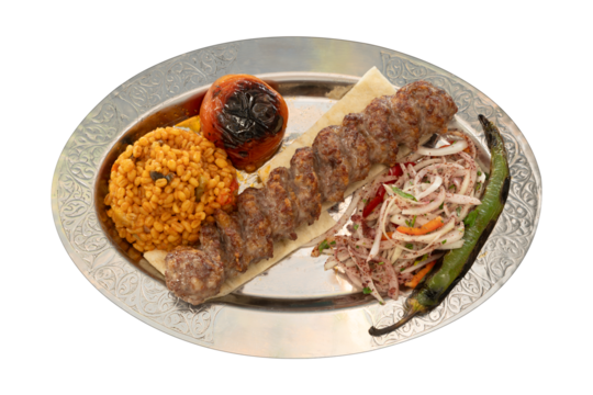 Top view traditional turkish meat and food service, classic and traditional turkish kebab. adana urfa kebab. isolated on white background
