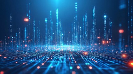 Futuristic digital landscape featuring glowing data streams and vibrant blue lights, perfect for technology and innovation themes.