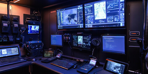SWAT's Digital Command Center: A wall-mounted display and an array of high-tech devices, including tablets and headsets.