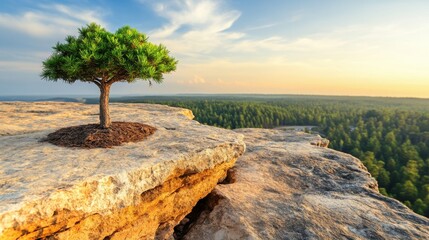 Lone Tree on Clifftop at Sunset.