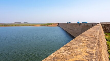 Obraz premium Water resource management, reservoir dams, clean water release points, field hydrologists, monitoring equipment, earthy tones, research, environmental balance