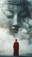A serene scene where a monk in a vivid red robe stands with their back to the viewer, gazing up at a colossal, ethereal Buddha face that seems to form out of mist and smoke