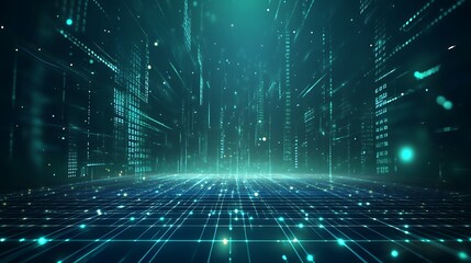 Fototapeta premium Futuristic digital landscape featuring glowing lines, data streams, and vibrant particles creating a sense of depth and innovation.