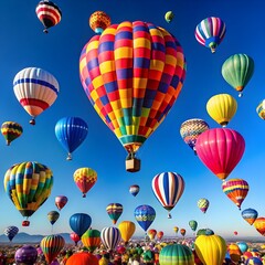 Fototapeta premium A Magnificent Formation of Hot Air Balloons Floating in Perfect Harmony Against a Clear Blue Sky, Showcasing a Beautiful Display of Colors, Adventure, and the Joy of Soaring Above the Clouds