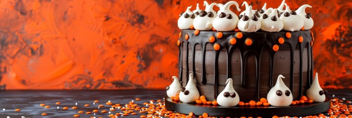 Spooky chocolate halloween cake decorated with meringue ghosts and candy eyes on orange backdrop