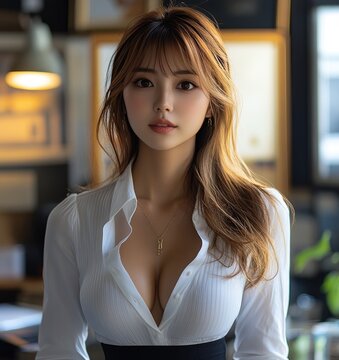 Portrait of sexy beautiful, pretty Chinese, Japanese girl, young woman with big breast in white and black office, formal wear, in white unbuttoned shirt, blouse with deep neckline, decollete
