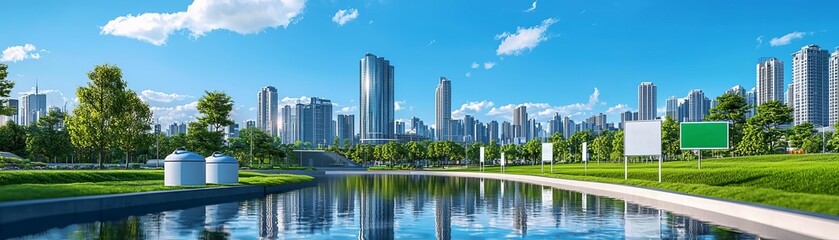 Urban water recycling, integrated city landscapes, greywater tanks, green spaces, awareness signs, skyline background, eco-conscious urban planning