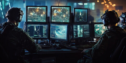 Fototapeta premium The Tech-Savvy Guardians: SWAT team members intently focusing on various screens and monitors.