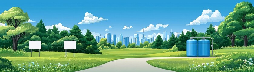 Fototapeta premium Urban water recycling, integrated city landscapes, greywater tanks, green spaces, awareness signs, skyline background, eco-conscious urban planning