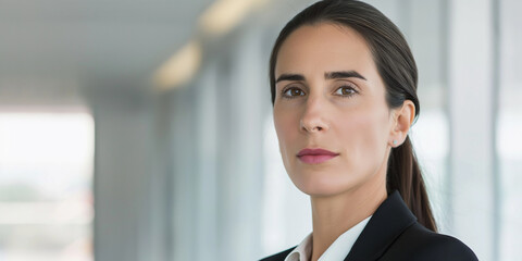 Naklejka premium Portrait of confident professional woman wearing business suit standing in a bright office interior with copy space 