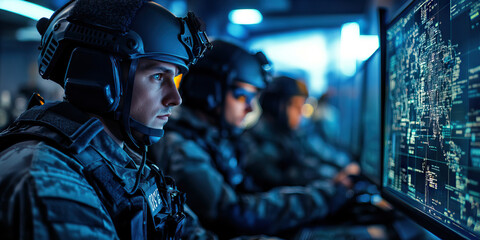 The Tech-Savvy Guardians: SWAT team members intently focusing on various screens and monitors.