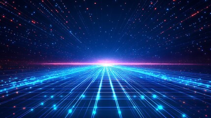 Obraz premium Futuristic digital landscape with glowing blue lines and stars, representing technological advancement and virtual reality.
