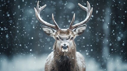 A striking image of a stag standing strong amidst a snowstorm, with snow cascading around it, emphasizing its powerful stance and creating a dramatic and intense winter scene.