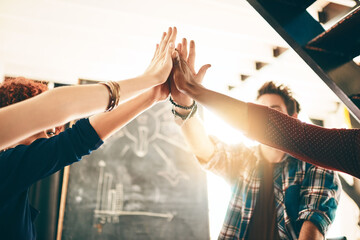 Creative, people and high five in office for support, creativity or collaboration in business....